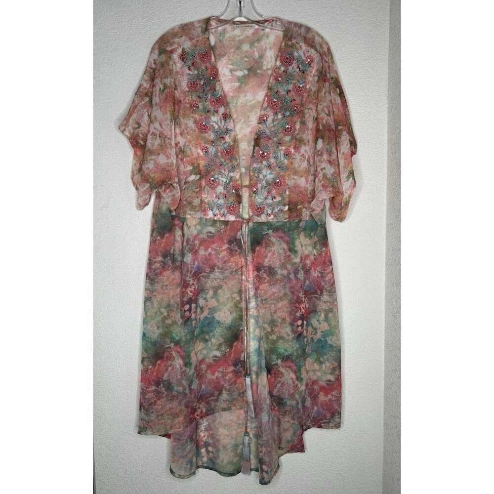 Soft Surroundings Kimono 1X Long Sheer Tassels Tie Front Beaded Embroidered Boho